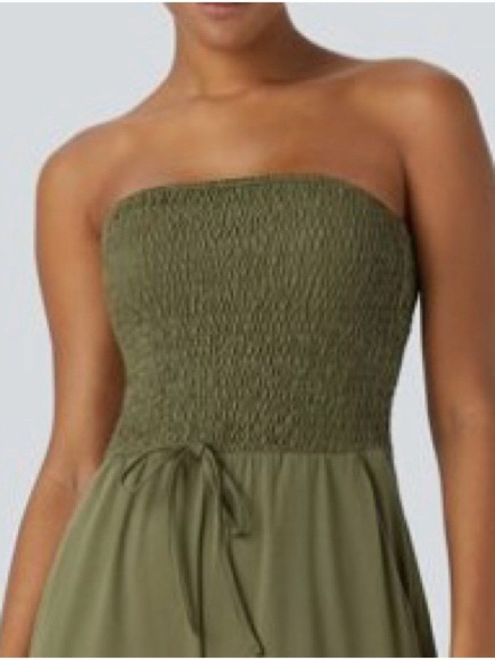 🆕 Halara Jumpsuit Shirred Knot Top Wide Leg Pant w Pockets! Event Guest Olive L - Picture 4 of 14